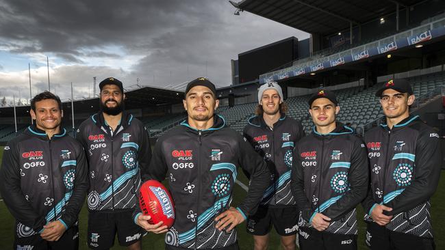 Port Adelaide indigenous players for the game against Hawthorn: Steven Motlop, Paddy Ryder, Sam Powell- Pepper, Jarrod Lienert, Karl Amon and Joel Garner at UTAS Stadium. PICTURE: CHRIS KIDD