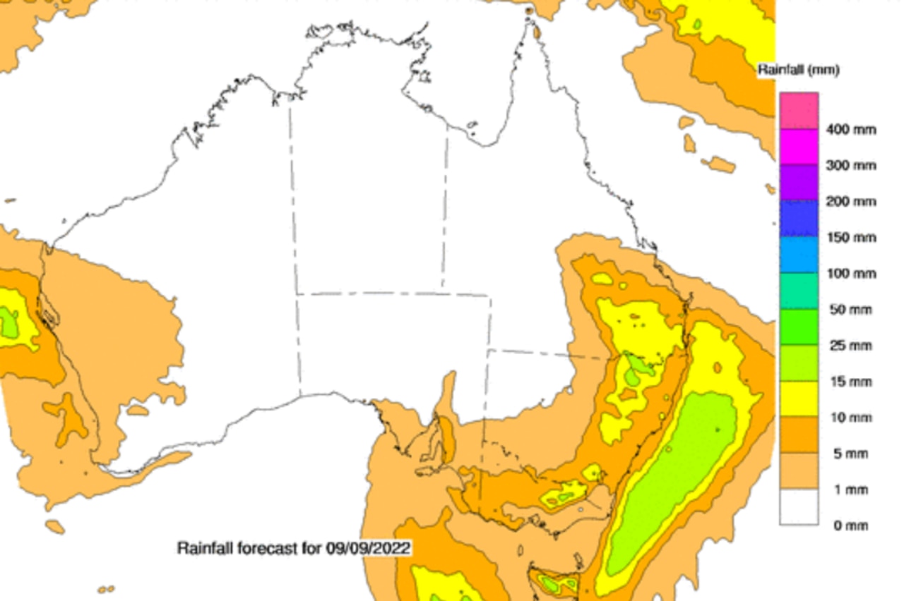 Friday’s forecast still predicts downpours for all of Victoria and most of NSW, with Queensland, WA and SA also affected. Picture: BOM