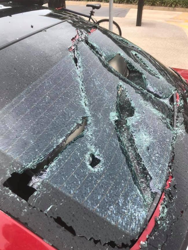 The damage to the rear windscreen of Darwin Council alderman Gary Haslett's car. Picture: Gary Haslett/ Facebook