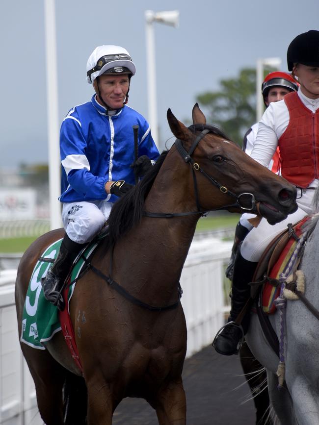 Jockey Dan Griffin rode Ligreb to victory in Saturday’s Maiden Handicap (1100m) at the Gold Coast. Picture: Steve Holland.