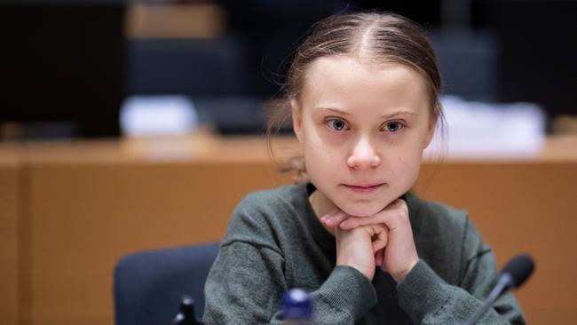 Swedish environmentalist Greta Thunberg has been projected onto a proposed new Sydney park. Picture: Kenzo Tribouilliard/AFP