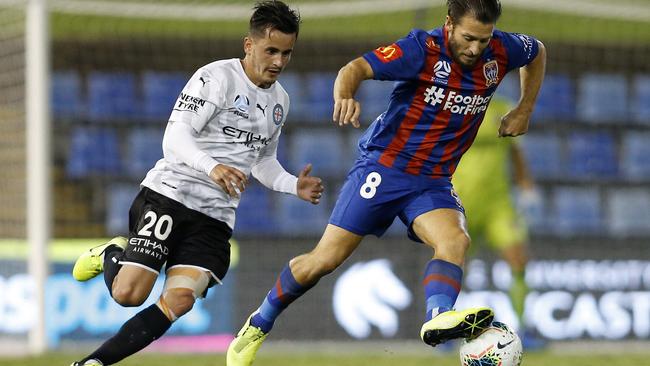 Melbourne City star Adrian Luna, left, is stuck in Melbourne in hotel quarantine. Picture: AAP