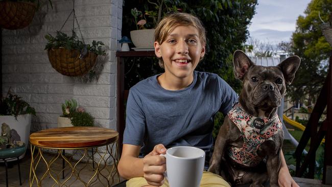 Elijah Gollan with his French Bulldog, Ella. Picture: Jerad Williams