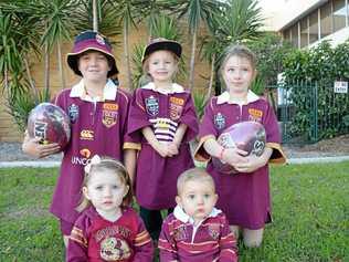 MAROON PRIDE: (Back, from left) Landon Moore, 10, Harper, 4, and Indi Cruice, 7, and (front) Rylee, 2, and Rori Heinemann, 1, have taught me a thing or two about State of Origin. Picture: Elyse Wurm