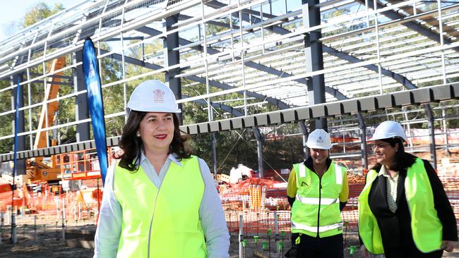 Premier Annastacia Palaszczuk tours the Indooroopilly State High School multipurpose shelter construction site. Picture: Liam Kidston