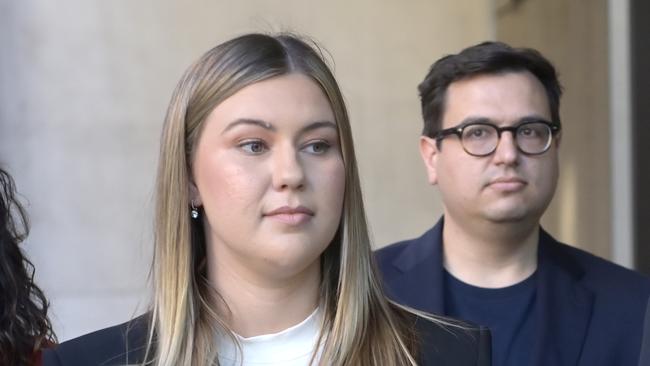 Brittany Higgins arrives at the Federal Court with her partner David Sharaz during the defamation trial last year. Picture: NCA NewsWire/Jeremy Piper.