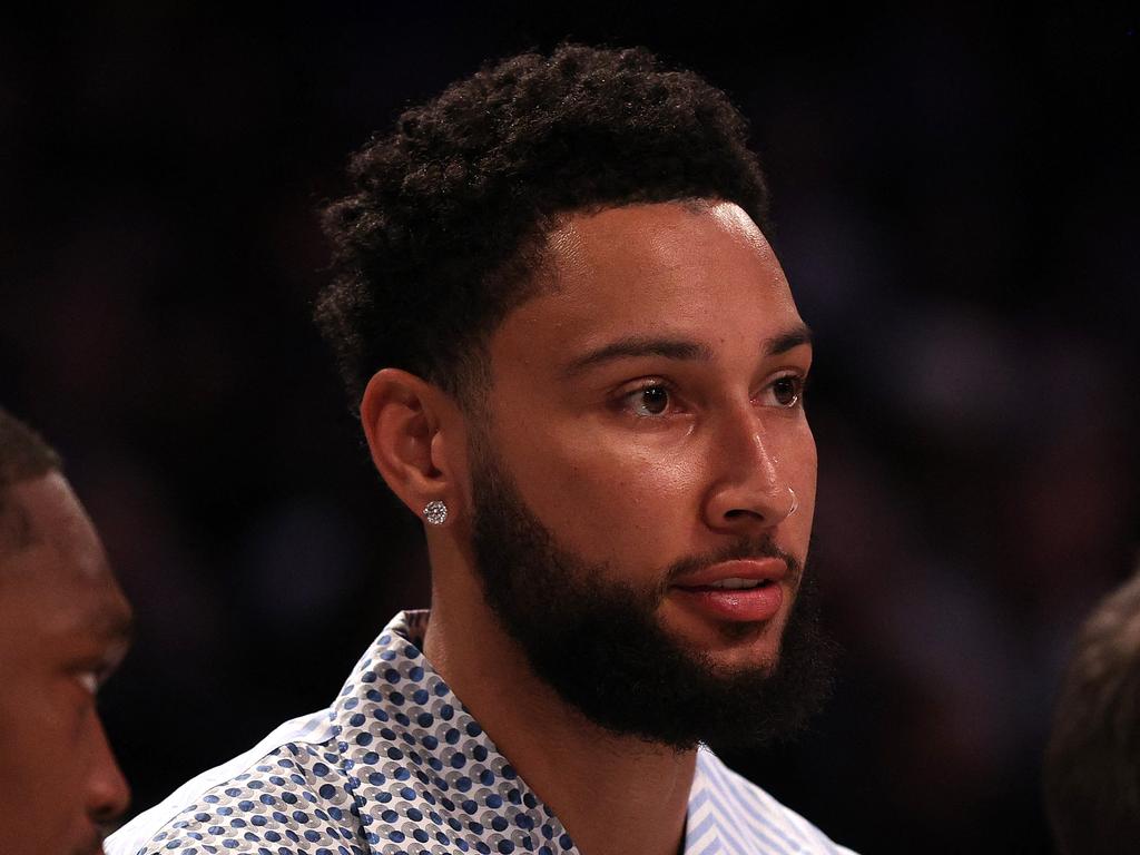 Ben Simmons watching the action courtside due to injury, a far too familiar sight in his career. Picture: Getty Images via AFP