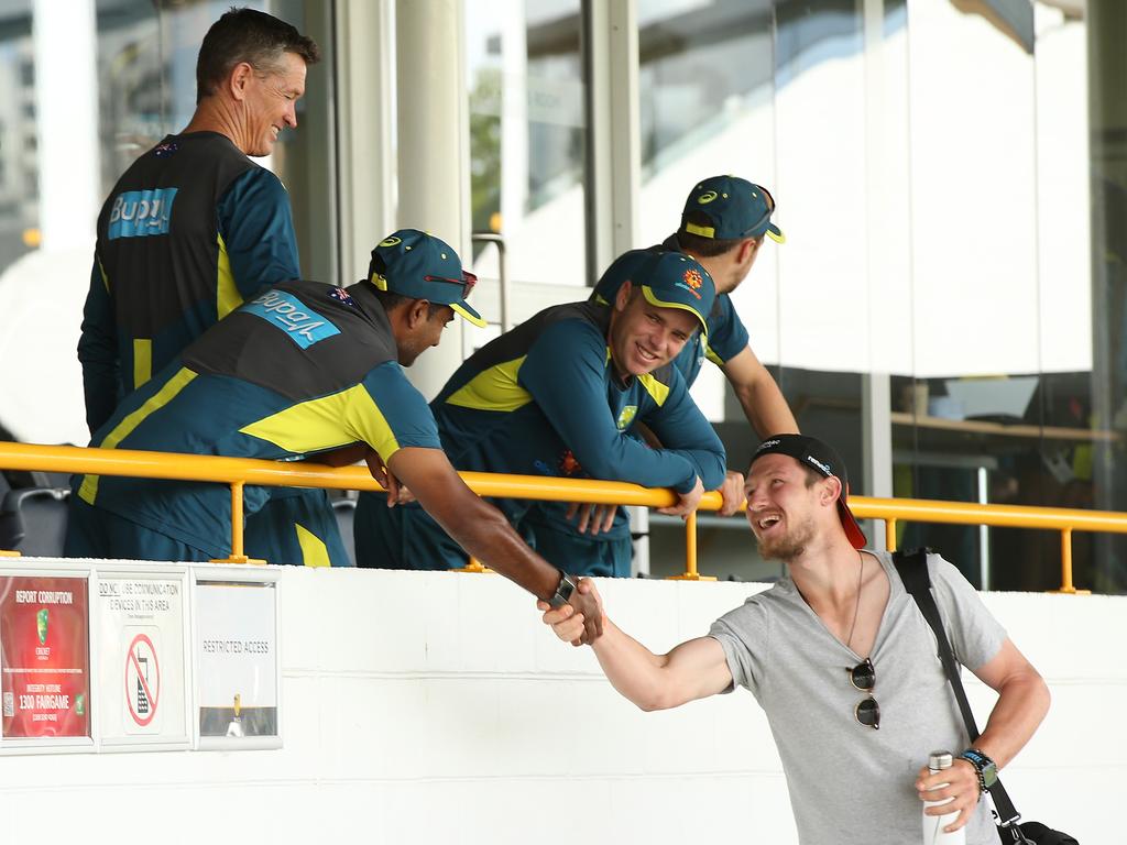 Cameron Bancroft meets Australian staff in Perth.