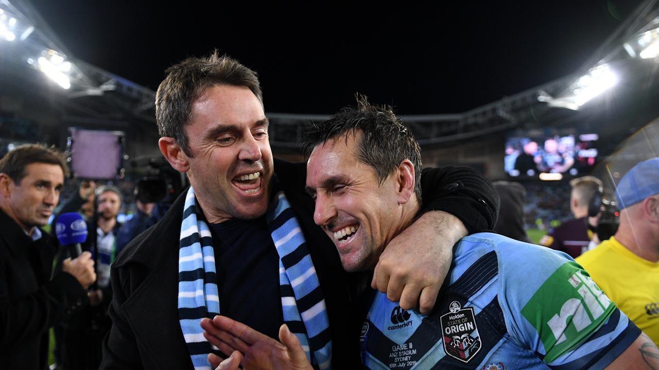 Blues coach Brad Fittler (left) celebrates with Mitchell Pearce during Game 3 of the 2019 State of Origin series