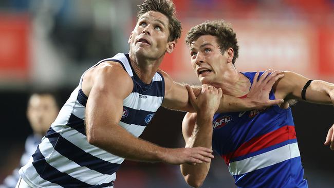 Despite putting together one of his best seasons, Tom Hawkins is still without a new deal at the Cats. Picture: Getty Images