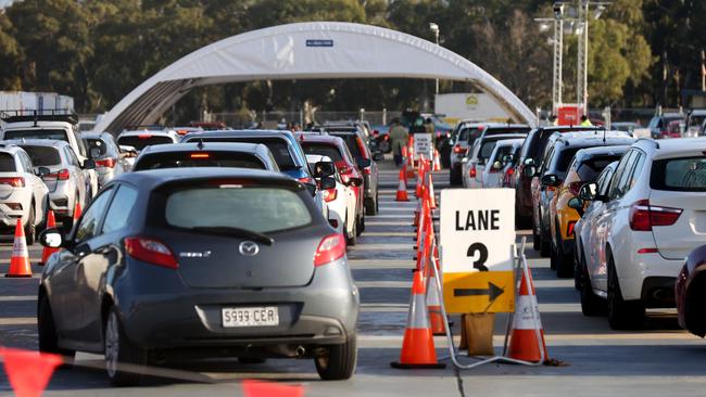 South Australians were forced to queue for up to 12 hours, with many being turned away, as the state’s testing system buckled under the Modbury cluster strain. Picture: Kelly Barnes