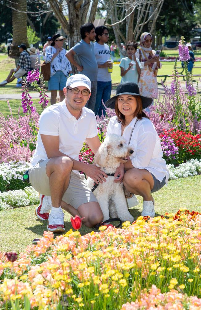 Mac and Anna Sta Maria with Marley in Queens Park for the Carnival of Flowers, Sunday, September 22, 2024. Picture: Bev Lacey