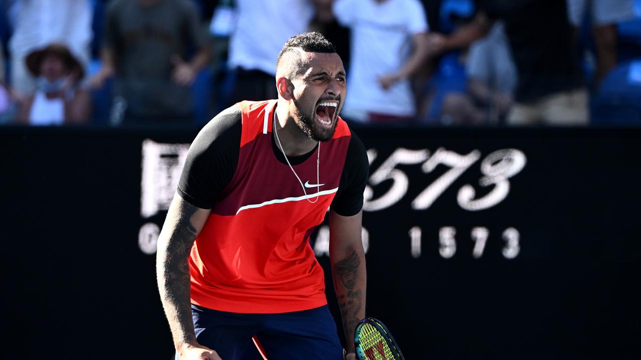 A fired up Kyrgios did come under fire for accidentally smacking a young boy in the crowd but ended the match as a hero. Picture: Getty Images.