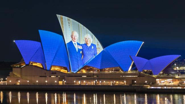 The Sydney Opera House with an image of the royals to mark their arrival in Australia on Friday.