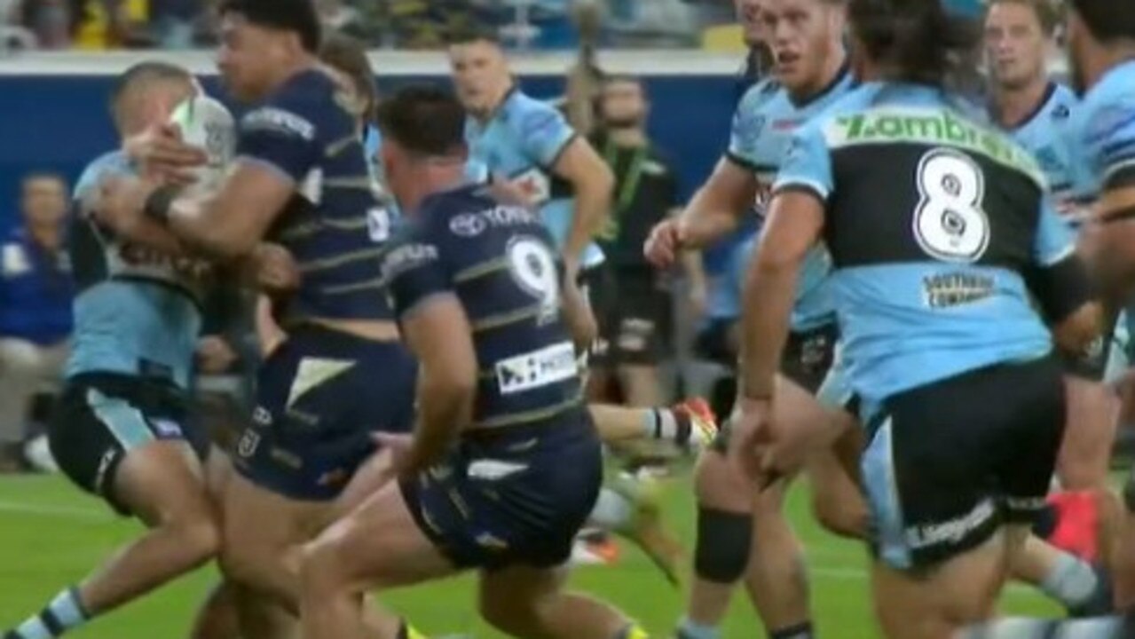 Robson took a step past Taumalolo. Photo: Fox Sports