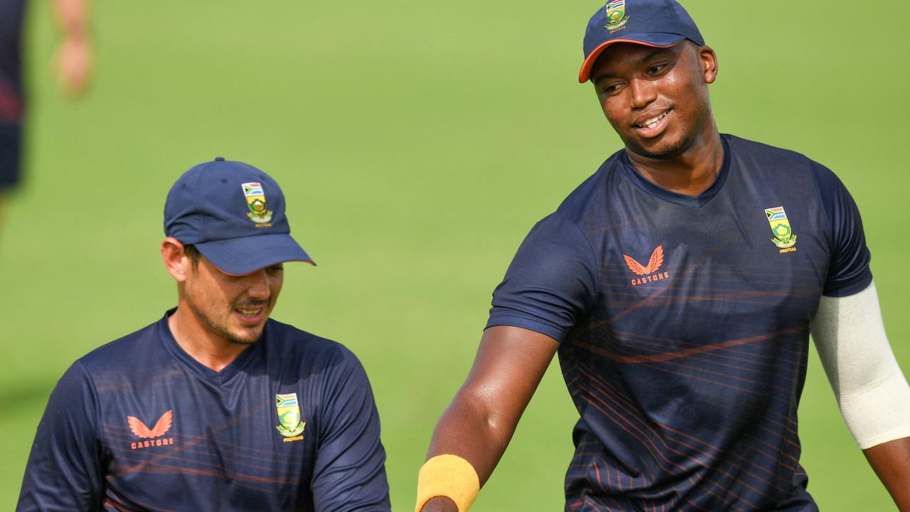 South Africa's Quinton de Kock (left) and his teammate Lungi Ngidi during a practice session. Picture: AFP