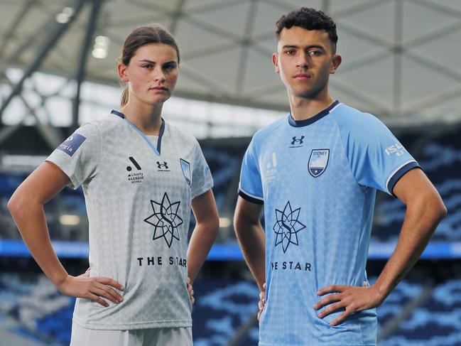 DT EXCLUSIVE. Charlie Rule and Patrick Yazbek of Sydney FC pose in the 2022 home and away kit at Allianz Stadium. Picture: Mark Evans.