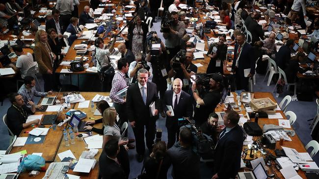 Senator Mathias Cormann and Treasurer Josh Frydenberg in the 2019 Budget Lock Up. Picture: Kym Smith