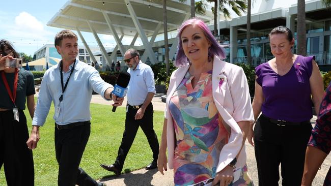 Minister Robyn Cahill is bounced by media at Mindil Beach Casino for the No Woman Left Behind Lunch. Picture: Pema Tamang Pakhrin