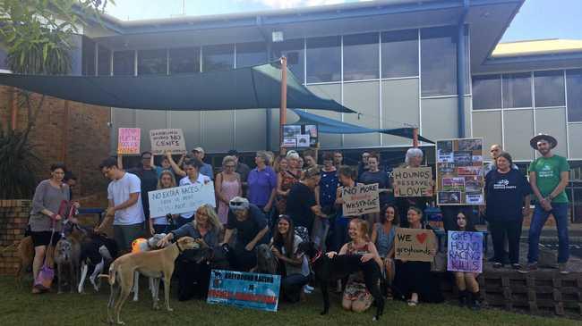 Animal activists gathered in front of Lismore City Council chambers advocating for a council move for additional greyhound races be reversed. Picture: Claudia Jambor