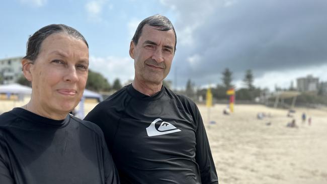 Jillian and Ian Gentle praised the actions of a pair of mystery surfers who risked their own lives to go to the aid of a man in the water at Kings Beach. Picture: Letea Cavander