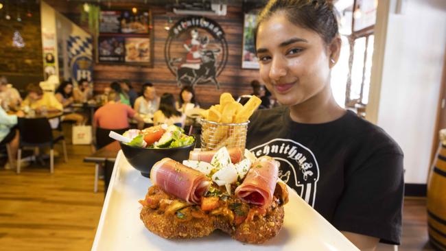 Prabh Kaur holds a soprano schnitzel at the Schnithouse. Rundle St. Picture: Kelly Barnes