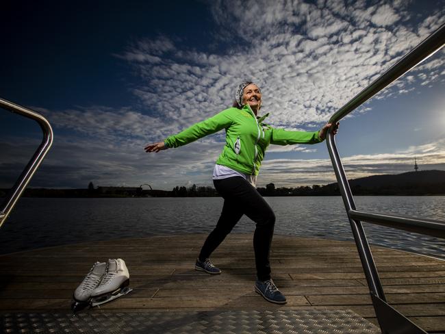 Portrait of figure skater Maxine Gray, 75, photographed at Lake Burley Griffin in Canberra. Picture by Sean Davey