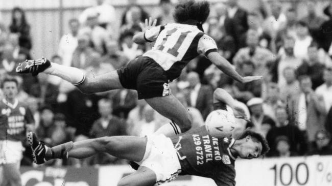 Adelaide City’s Aurelio Vidmar and Melbourne Croatia’s Ivan Kelic during an national soccer league match at Hindmarsh Stadium in 1991.