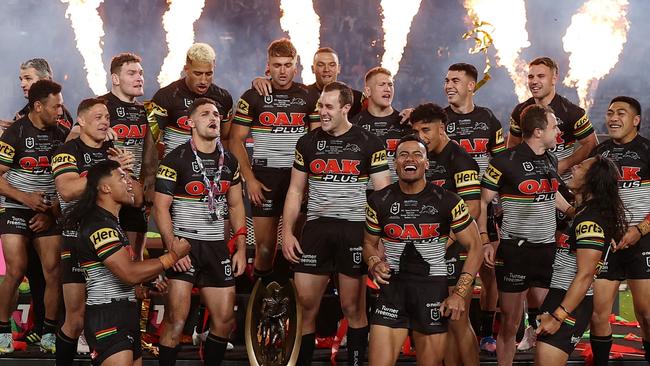 The Panthers celebrate last year’s grand final win.