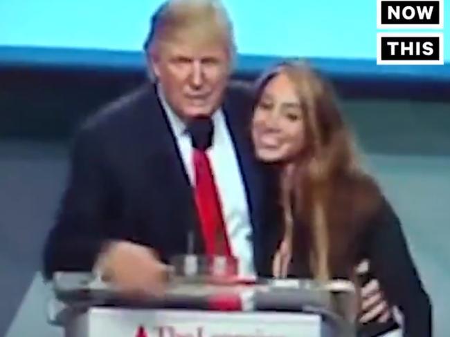 Donald Trump recruits a flight attendant live on stage. Picture: Now This