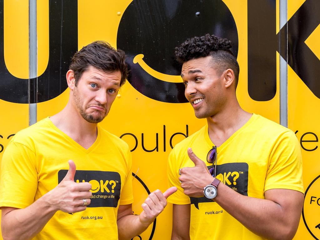 R U OK? Day ambassadors Rob Mills and Barry Conrad. Picture: Supplied