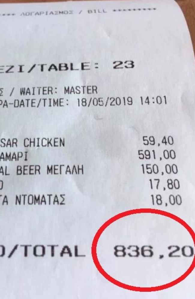 The receipt showing the price for just six pieces of calamari at the DK Oyster