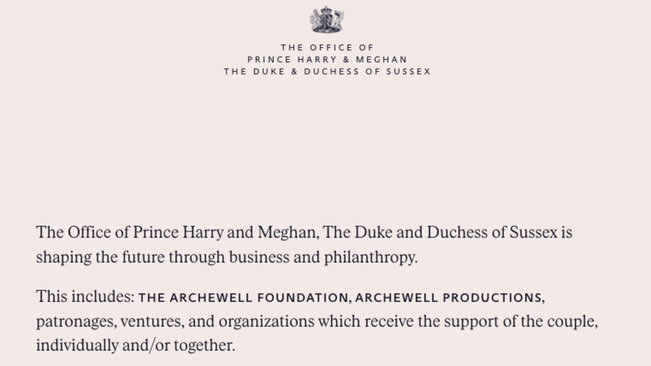 Royal experts have questioned the crest on Prince Harry and Meghan Markle’s new website Sussex.com, which has replaced their Archewell.com website. Picture: Supplied