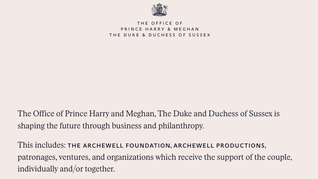 Royal experts have questioned the crest on Prince Harry and Meghan Markle’s new website Sussex.com, which has replaced their Archewell.com website. Picture: Supplied