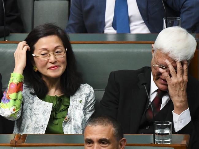 Crossbench MP Bob Katter, right, sits next to Liberal member for Chisholm Gladys Liu during Question Time. Picture: AAP