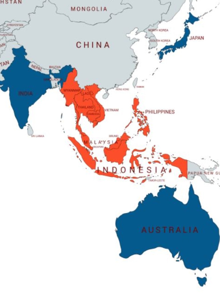 The future of trade? Potential founding members of the Supply Chain Resilience Initiative (SCRI) in blue, plus members of ASEAN in red. Picture: Supplied.