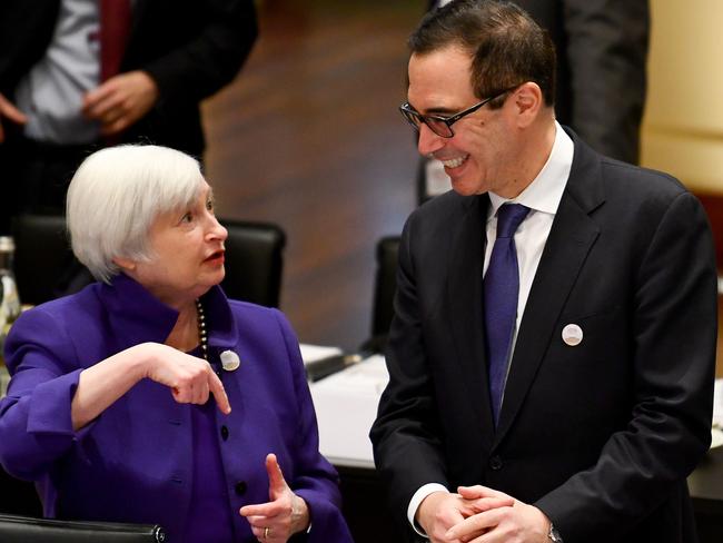 US Secretary of the Treasury Steven Mnuchin (R) speaks with Chair of the Board of Governors of the Federal Reserve System Janet Yellen. Picture: AFP