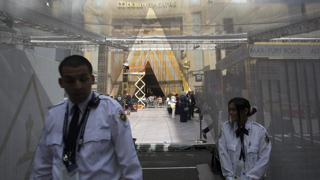 Security personnel stand guard at the red carpet arrivals area at last year’s Oscars. Picture: David McNew/Getty Images