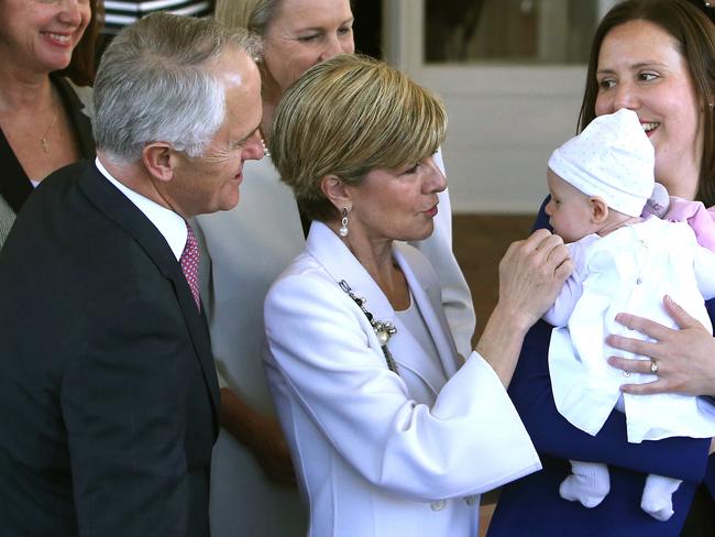 PM Malcolm Turnbull and Julie Bishop with Kelly O'Dwyer and 4 month old Olivia. Picture: Kym Smith