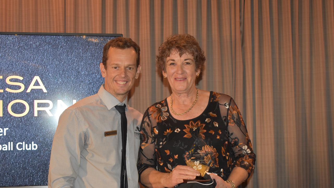 Magpies Sporting Club general manager Darren Smith (left) with Magpie of the Year Teresa Dreghorn at Magpies awards night, October 29, 2021. Picture: Matthew Forrest