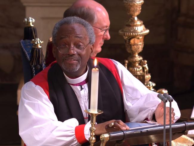 Bishop Michael Curry's went off-script during the royal wedding. Picture: BBC