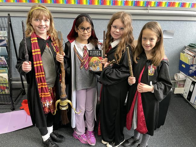 St Kilian's Primary School students Emily Stanton, Penelope Hall, Aubree Larkins-Spence and Matisse Higgins dressed up for Book Week. Picture: Gianni Francis.