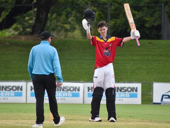 North Queensland batter Beau McCarron scores a century in the Bulls Masters Youth Cup (U16) on February 19, 2024. Picture: Antony Stewart / Queensland Cricket