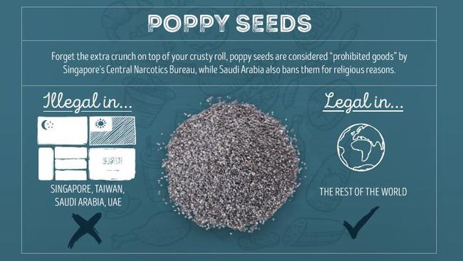 A new infographic details the food items banned in parts of the world, such as the ubiquitous poppy seed. Picture: pokies.net.au