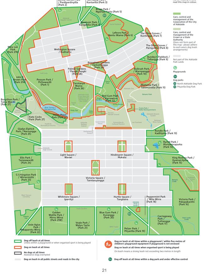 New dog zones within the Adelaide parklands. Map: Adelaide City Council