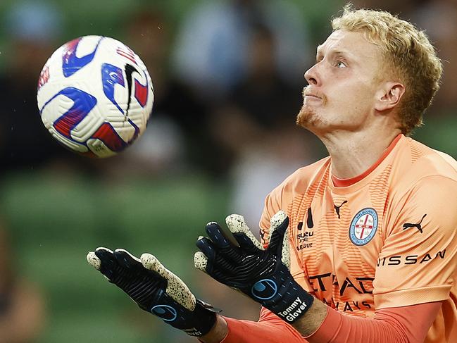 MELBOURNE, AUSTRALIA - JANUARY 07: Melbourne City goalkeeper Tom Glover saves a goal attempt during the round 11 A-League Men's match between Melbourne City and Western United at AAMI Park, on January 07, 2023, in Melbourne, Australia. (Photo by Daniel Pockett/Getty Images)