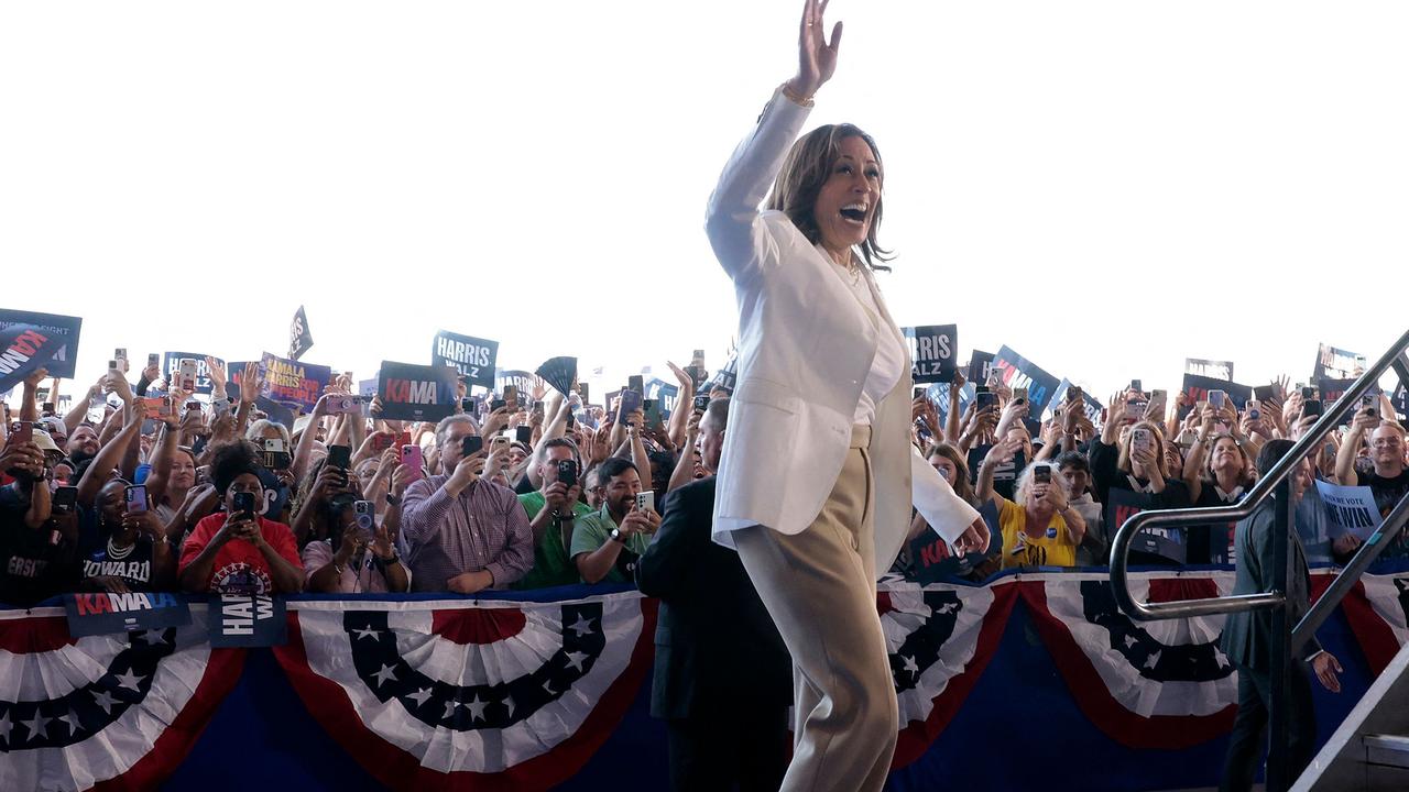 Ms Harris waves to the crowd in Detroit. Picture: Jeff Kowalsky/AFP