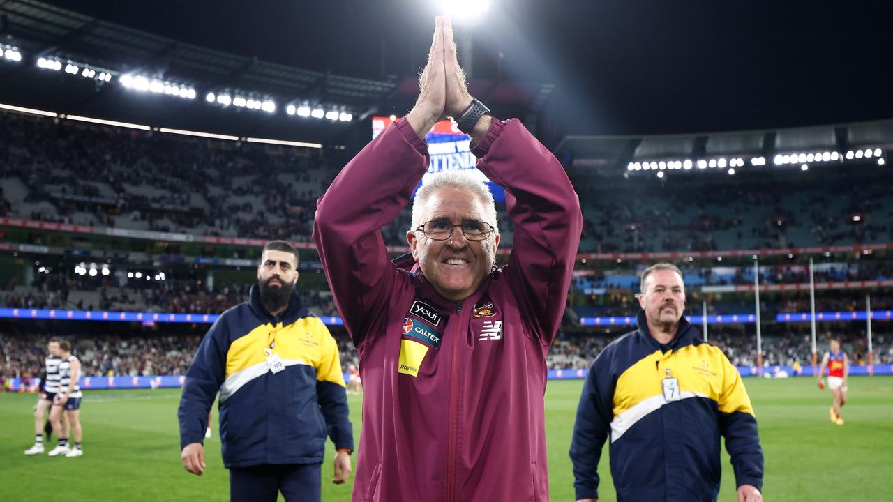 MELBOURNE, AUSTRALIA - SEPTEMBER 21: Chris Fagan, Senior Coach of the Lions celebrates during the 2024 AFL Second Preliminary Final match between the Geelong Cats and the Brisbane Lions at The Melbourne Cricket Ground on September 21, 2024 in Melbourne, Australia. (Photo by Michael Willson/AFL Photos via Getty Images)