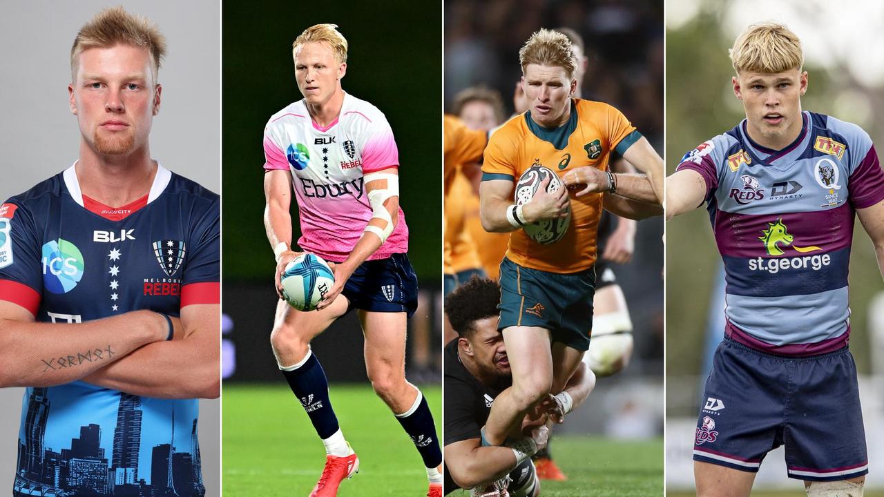 Elite rugby union players Mason Gordon, Carter Gordon, Tate McDermott and Louis Werchon. Pictures: Getty Images’ Bradley Kanaris, Anthony Au-Yeung, Martin Keep and QRU Brendan Hertel.