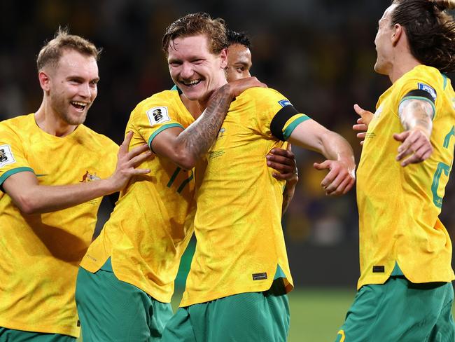 Kye Rowles celebrates scoring his first international goal for the Socceroos. Picture: Getty Images